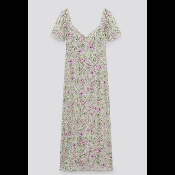 ZARA NWT SS22 WOMAN MULTICOLORED FLORAL PRINT MIDI DRESS CUT OUT size Small. - Picture 10 of 15
